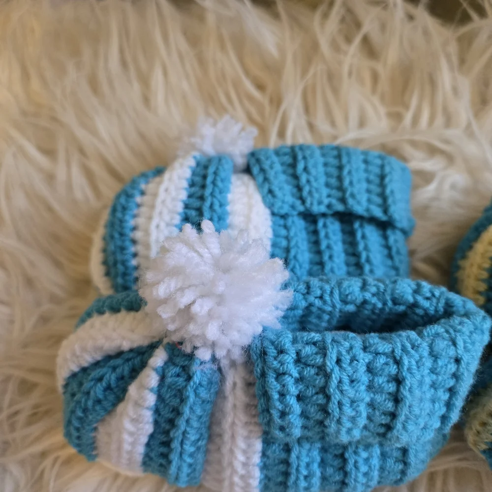 Handmade Knitted Baby Booties - Blue and Yellow